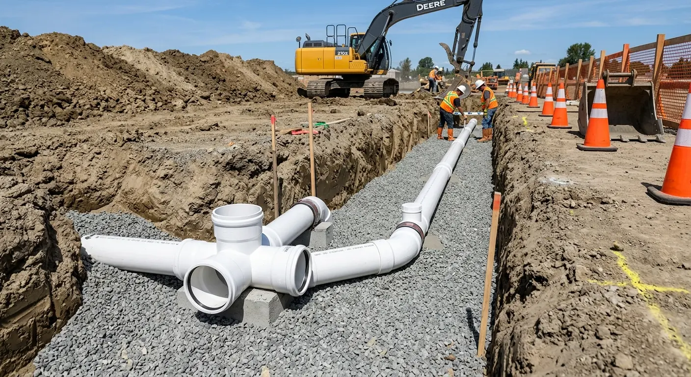 New PVC sewer pipe installation in open trench for Sewer Camera Inspection in Lake City